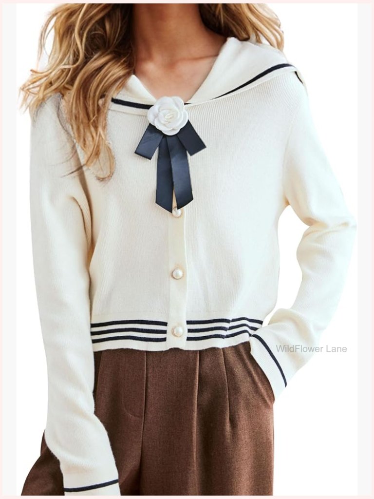 Sailor Collar V-Neck Stripe Knit Top Blouse Sweater Tunic